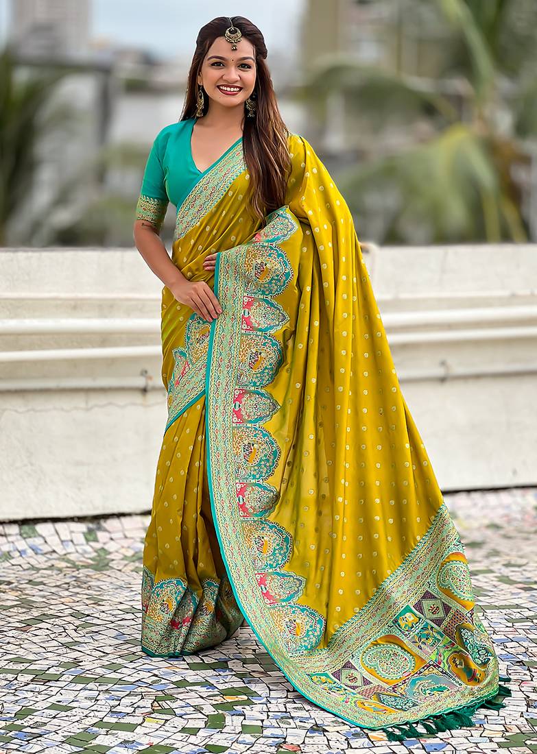 Mehendi woven self design pashmina silk saree with blouse