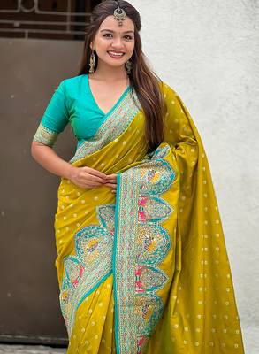 Mehendi woven self design pashmina silk saree with blouse 2
