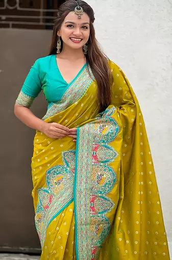 Mehendi woven self design pashmina silk saree with blouse