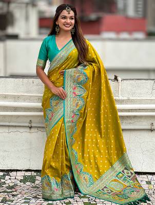 Mehendi woven self design pashmina silk saree with blouse 3