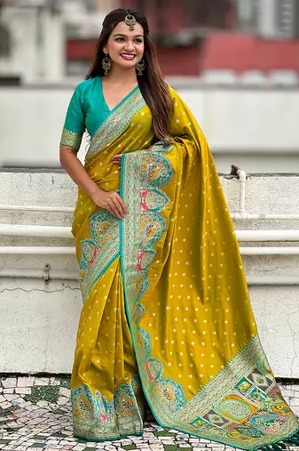 Mehendi woven self design pashmina silk saree with blouse