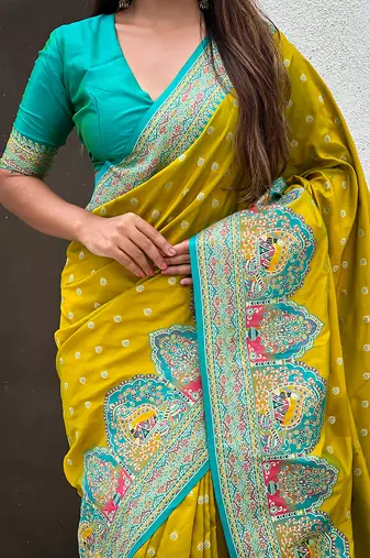 Mehendi woven self design pashmina silk saree with blouse