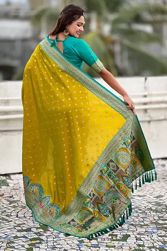Mehendi woven self design pashmina silk saree with blouse