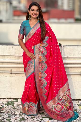 Pink woven self design pashmina silk saree with blouse