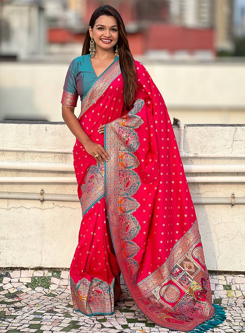 Pink woven self design pashmina silk saree with blouse