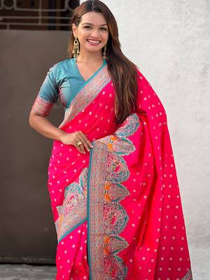 Pink woven self design pashmina silk saree with blouse 2