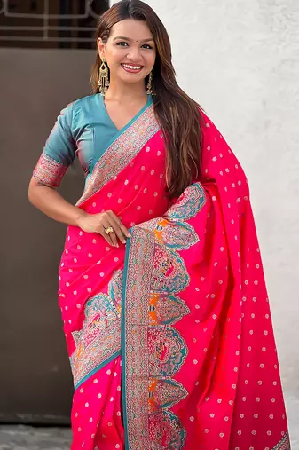 Pink woven self design pashmina silk saree with blouse