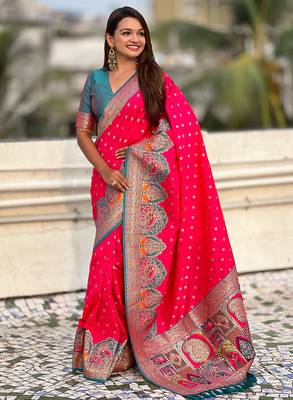 Pink woven self design pashmina silk saree with blouse 3
