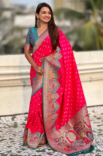 Pink woven self design pashmina silk saree with blouse