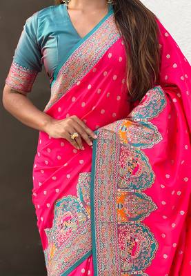 Pink woven self design pashmina silk saree with blouse 4
