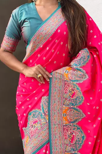 Pink woven self design pashmina silk saree with blouse
