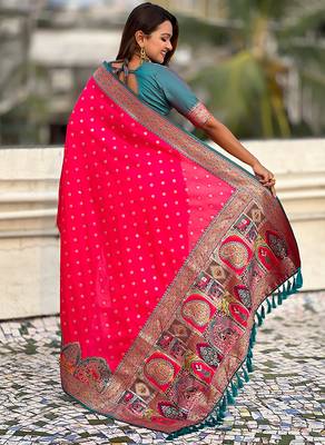 Pink woven self design pashmina silk saree with blouse 5