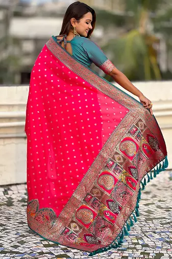 Pink woven self design pashmina silk saree with blouse