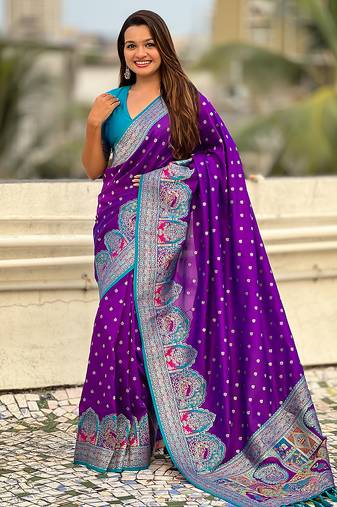 Purple woven self design pashmina silk saree with blouse