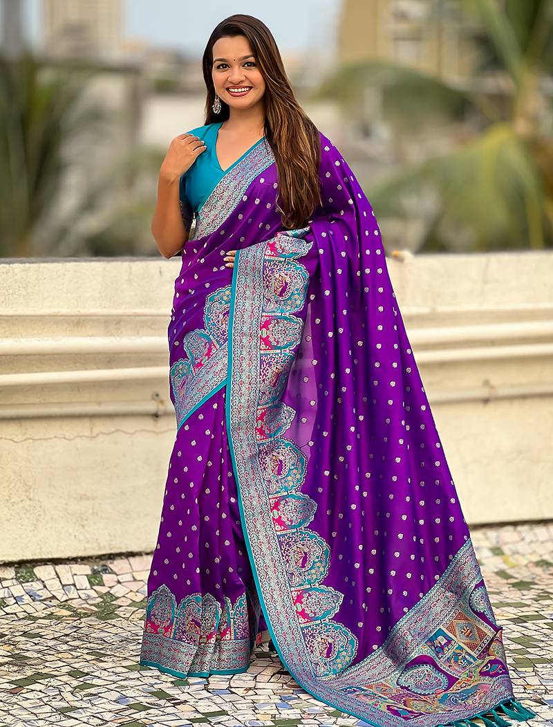 Purple woven self design pashmina silk saree with blouse