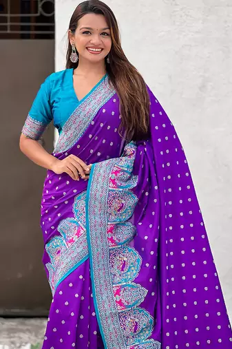 Purple woven self design pashmina silk saree with blouse