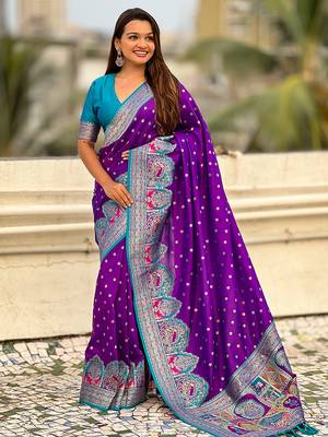 Purple woven self design pashmina silk saree with blouse 3