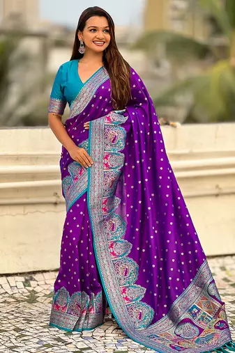 Purple woven self design pashmina silk saree with blouse