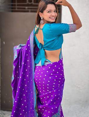 Purple woven self design pashmina silk saree with blouse 4