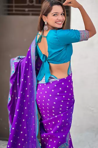 Purple woven self design pashmina silk saree with blouse