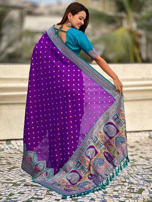 Purple woven self design pashmina silk saree with blouse 5
