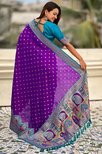 Purple woven self design pashmina silk saree with blouse