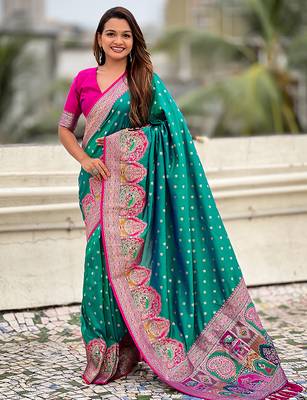 Teal green woven self design pashmina silk saree with blouse 1