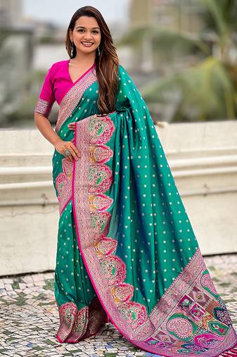 Teal green woven self design pashmina silk saree with blouse