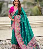 Teal green woven self design pashmina silk saree with blouse