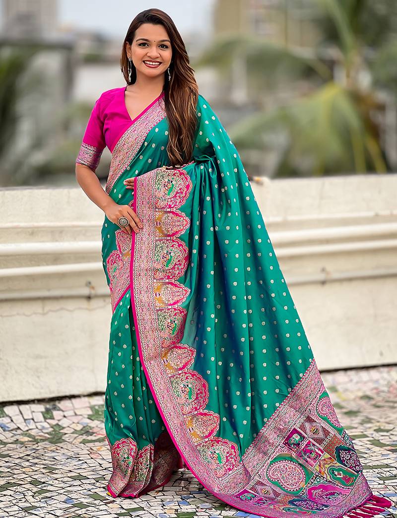 Teal green woven self design pashmina silk saree with blouse