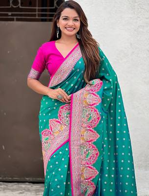 Teal green woven self design pashmina silk saree with blouse 2