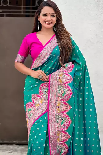 Teal green woven self design pashmina silk saree with blouse