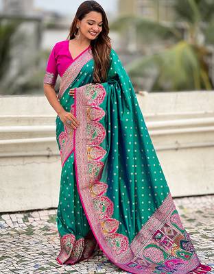 Teal green woven self design pashmina silk saree with blouse 3