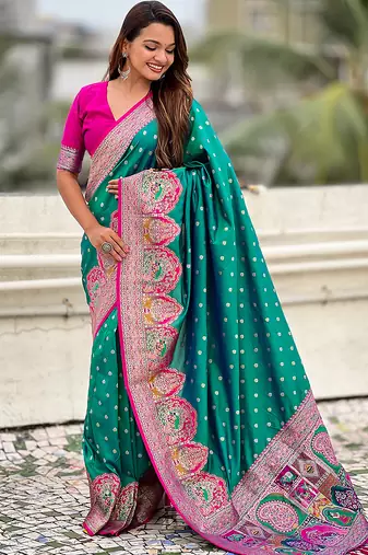 Teal green woven self design pashmina silk saree with blouse