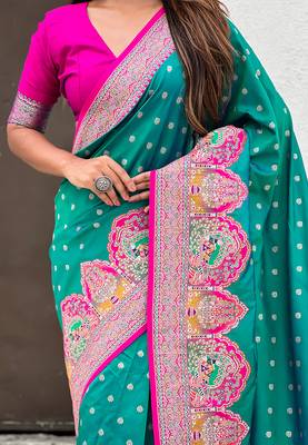 Teal green woven self design pashmina silk saree with blouse 4