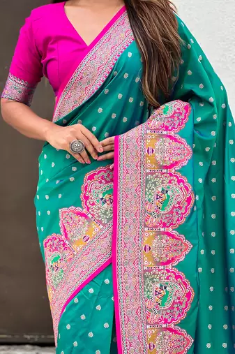 Teal green woven self design pashmina silk saree with blouse