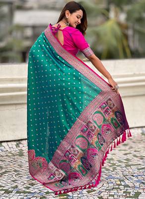 Teal green woven self design pashmina silk saree with blouse 5