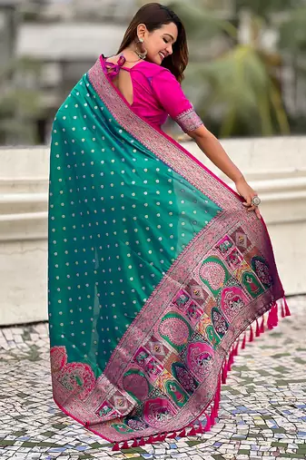 Teal green woven self design pashmina silk saree with blouse