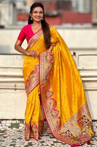 Yellow woven self design pashmina silk saree with blouse
