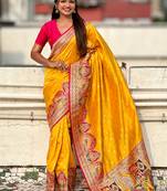 Yellow woven self design pashmina silk saree with blouse