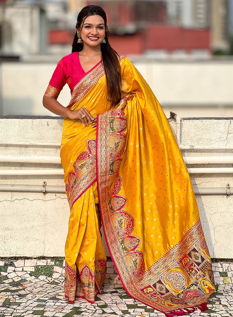 Yellow woven self design pashmina silk saree with blouse