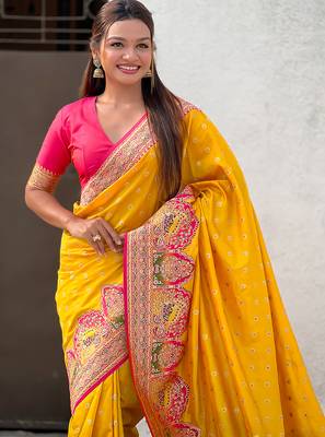 Yellow woven self design pashmina silk saree with blouse 2