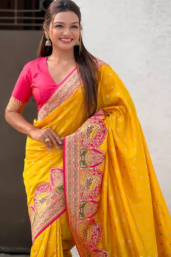 Yellow woven self design pashmina silk saree with blouse