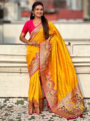 Yellow woven self design pashmina silk saree with blouse 3