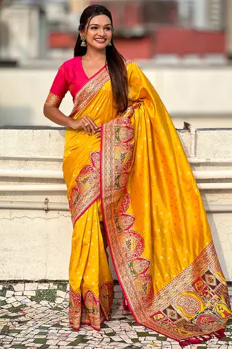 Yellow woven self design pashmina silk saree with blouse