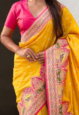 Yellow woven self design pashmina silk saree with blouse 4