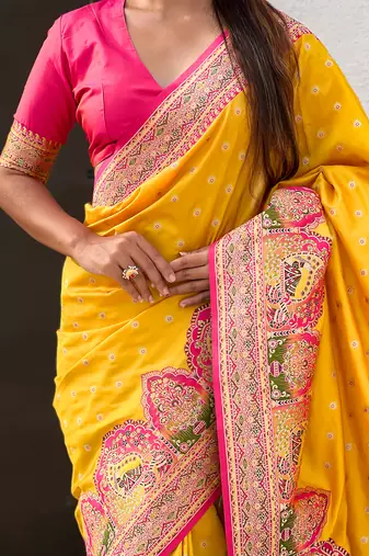 Yellow woven self design pashmina silk saree with blouse