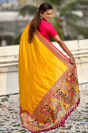 Yellow woven self design pashmina silk saree with blouse