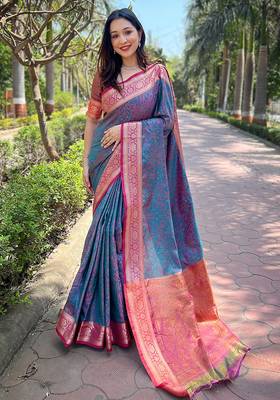 Blue woven self design pashmina silk saree with blouse 1