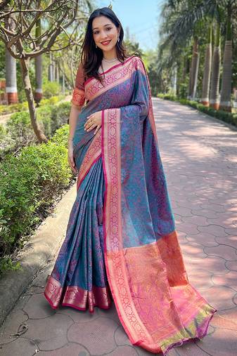 Blue woven self design pashmina silk saree with blouse
